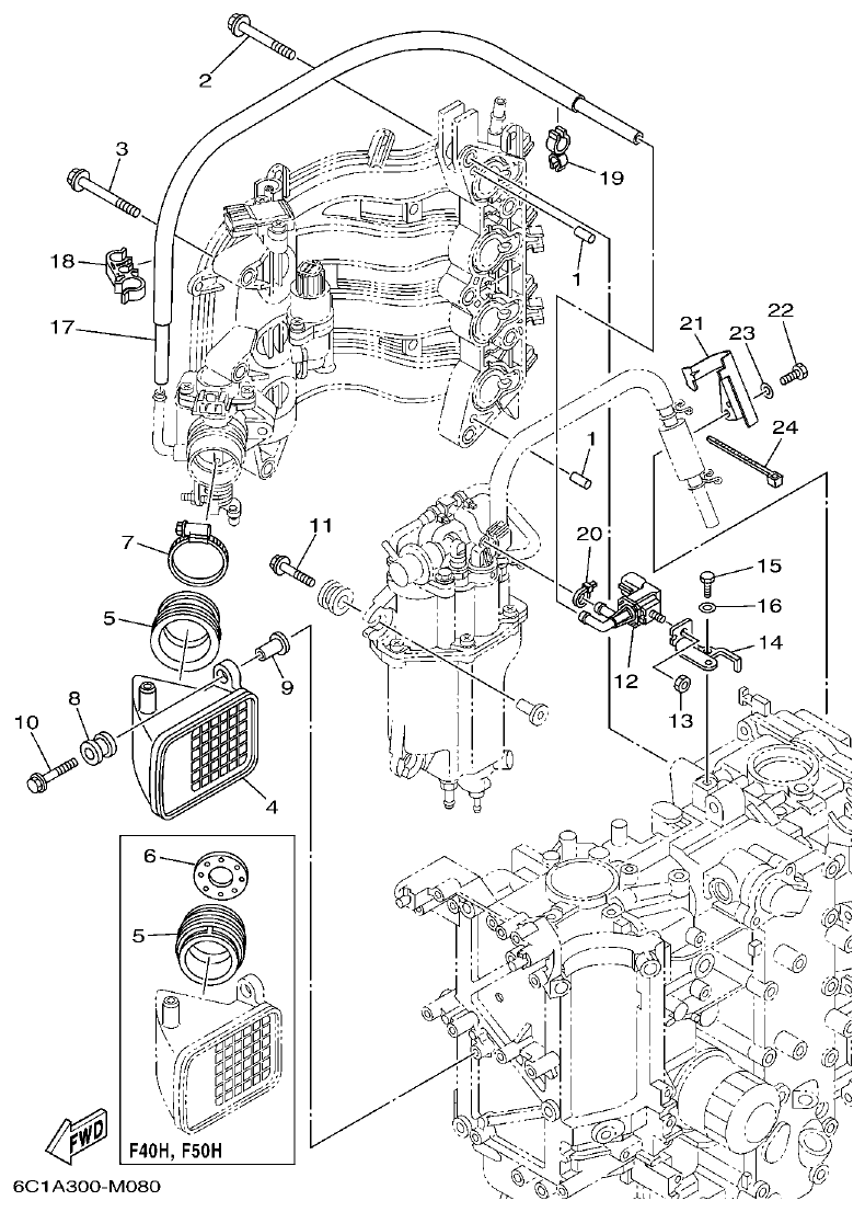 Yamaha F40H, F50H, F60F INTAKE 2 parts diagram